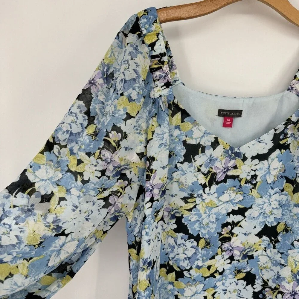 Vince Camuto Womens V Neck Balloon Sleeve Floral Blouse Plus Size 2X New